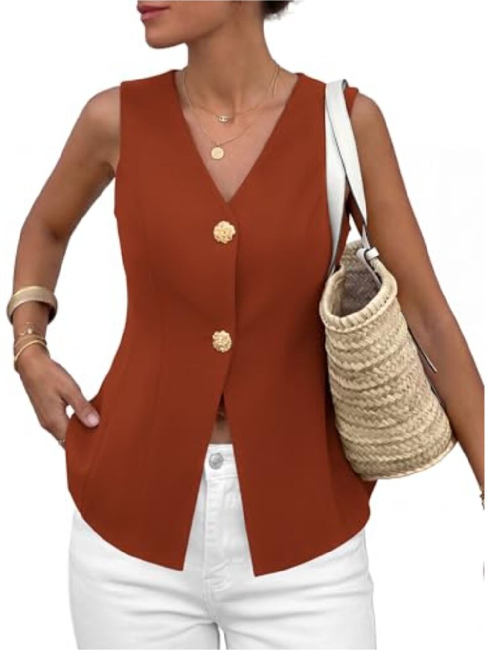 Women's Sleeveless V-Neck Suit Vest Blazer Top, Button Down Business Casual